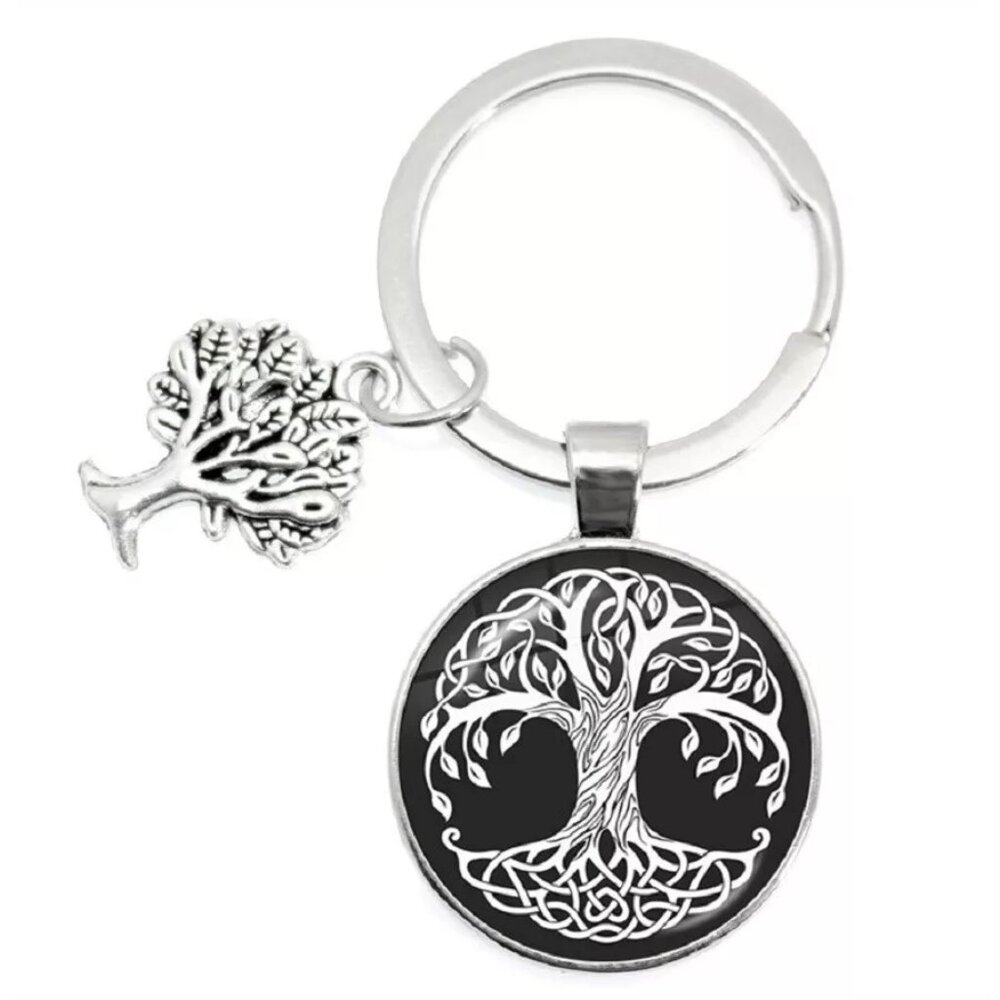 Silver Black White Tree of Life Bohemian Art Pendant Circle Key Ring Key Holder